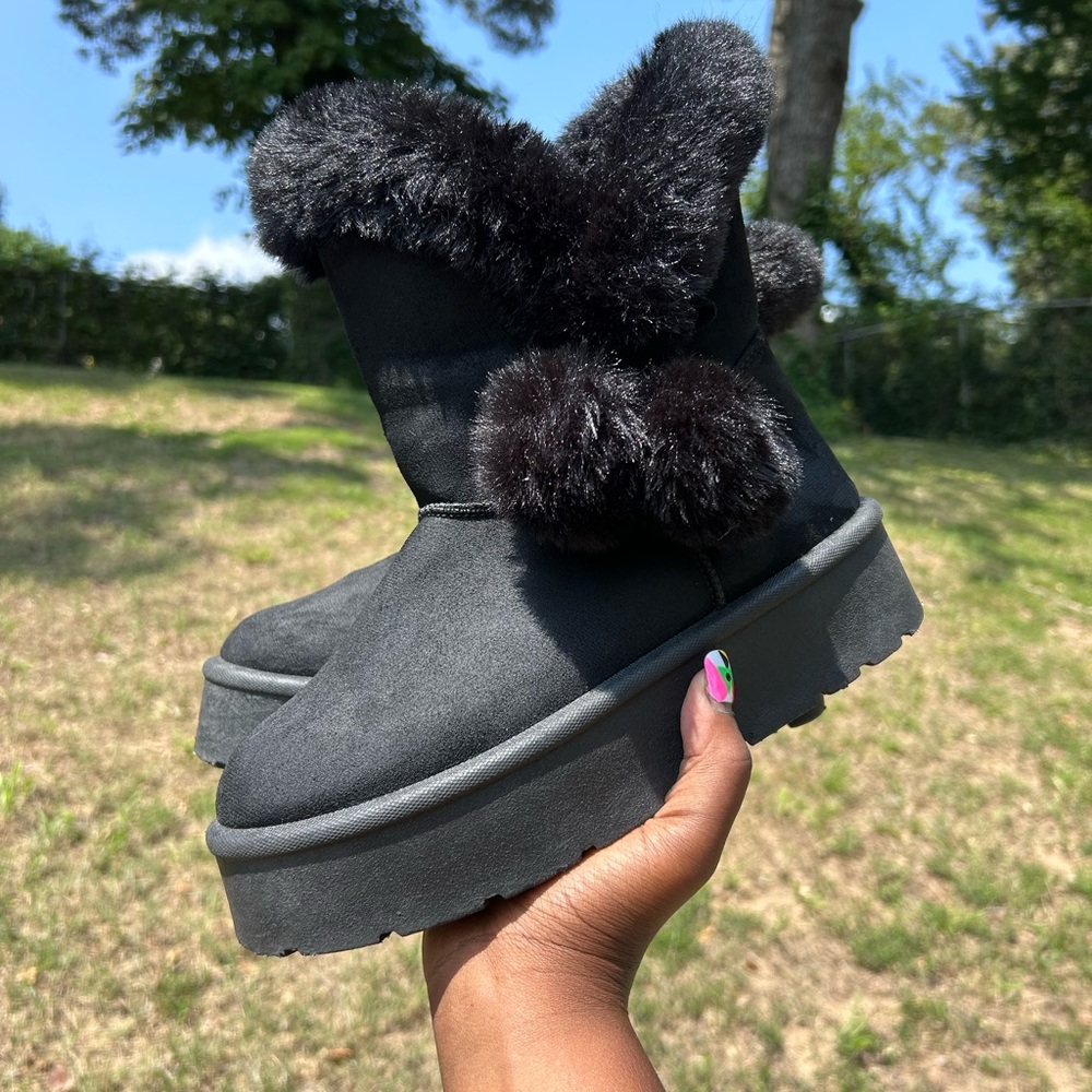Faux Fur Lined Pom Pom Boots Black Suede